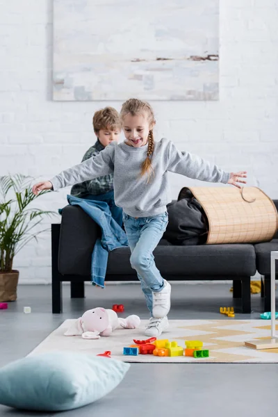 Adorable Cheerful Kids Having Fun Playing Home — Stock Photo, Image