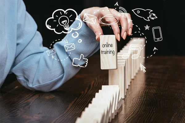 Cropped View Woman Picking Block Words Online Training Out Wooden — Stock Photo, Image