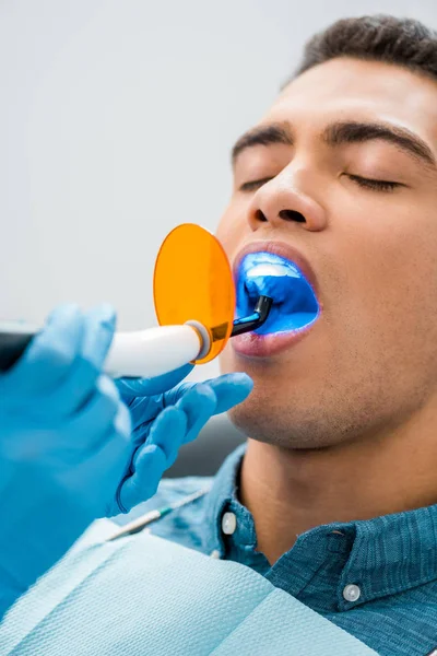 Close Handsome African American Man Whitening Procedure — Stock Photo, Image