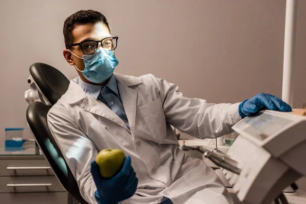 African American Dentist Sitting Glasses Mask Holding Apple — Stock Photo, Image