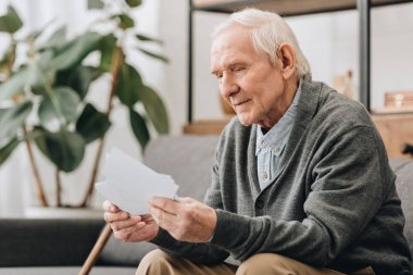 happy pensioner with grey hair looking at photos in living room clipart