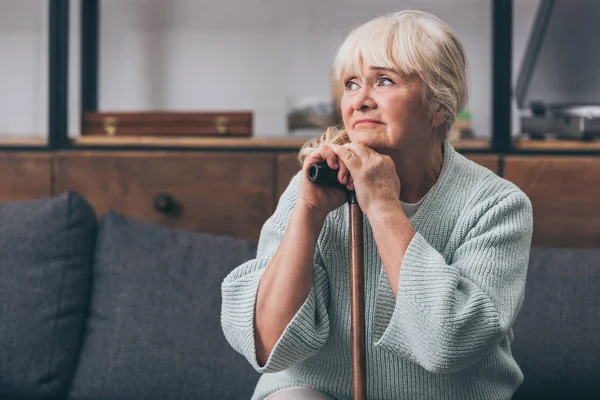 Sad Senior Woman Walking Cane Home — Stock Photo, Image