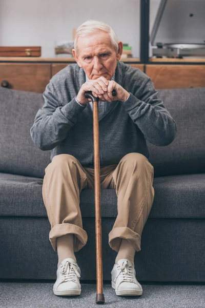 Upset Retired Man Grey Hair Holding Walking Cane Living Room — Stock Photo, Image