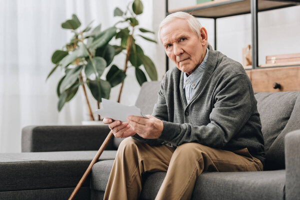 upset pensioner with grey hair holding photos while sitting on sofa 