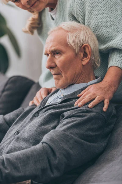 Cropped View Retired Wife Embrace Senior Husband Shoulders Home — Stock Photo, Image