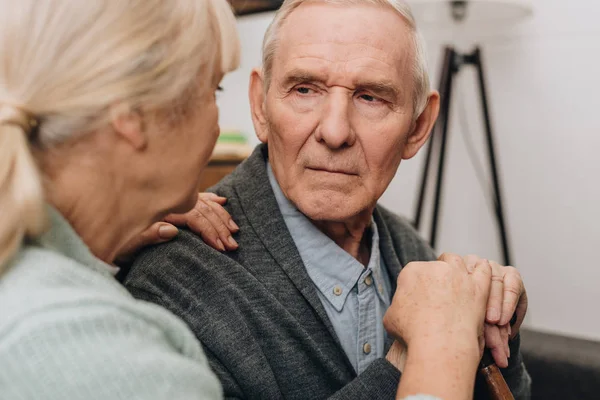 Selective Focus Sad Pensioner Looking Retired Wife Home — Stock Photo, Image