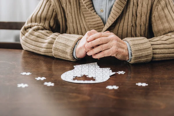 Cropped View Retired Man Playing Puzzles Table — Stock Photo, Image