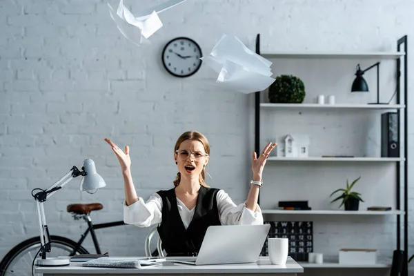 Dissatisfied Businesswoman Formal Wear Sitting Desk Throwing Documents Air Workplace — Stock Photo, Image