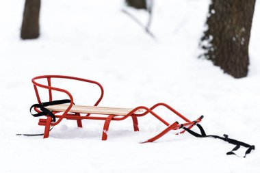 Kırmızı metal kızak üstünde kar ile arka planda kış, ağaçlar