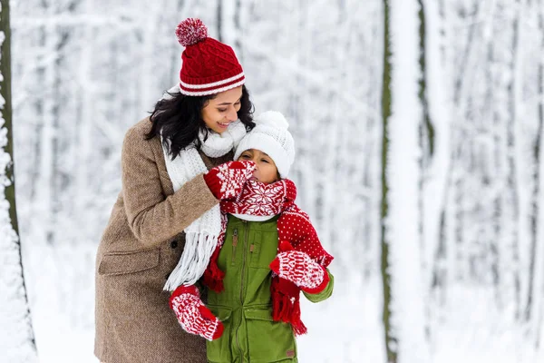 Cheerful African American Mom Touching Nose Cute Daughter Winter Park — Stock Photo, Image