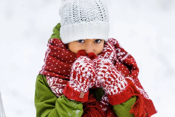 Cute African American Child Warm Clothing White Background — Stock Photo, Image