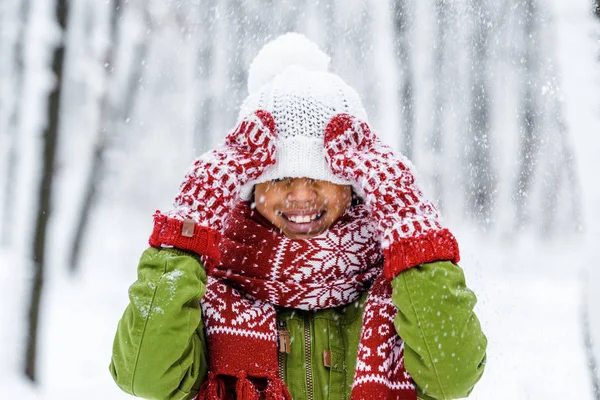 Smiling African American Child Knitted Hat Pulled Eyes Snowfall Winter — Stock Photo, Image