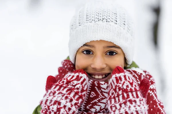 Close View African American Child Knitted Hat Mittens Scarf Smiling — Stock Photo, Image