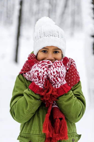 Afrikanisches Amerikanisches Kind Mit Strickmütze Fäustlingen Und Schal Lächelt Winterpark — Stockfoto