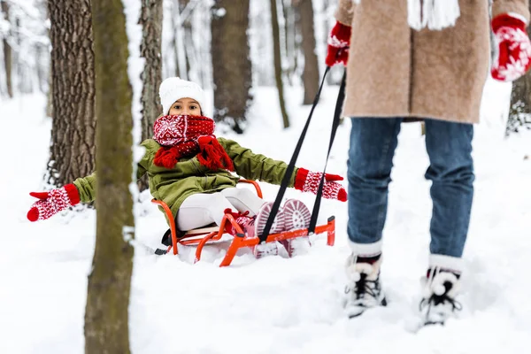 Cropped View Woman Pulling African American Daughter Sledge Winter Park — Stock Photo, Image