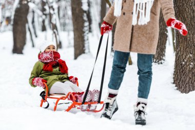 cropped view of mother pulling daughter in warm clothing on sledge in winter park clipart