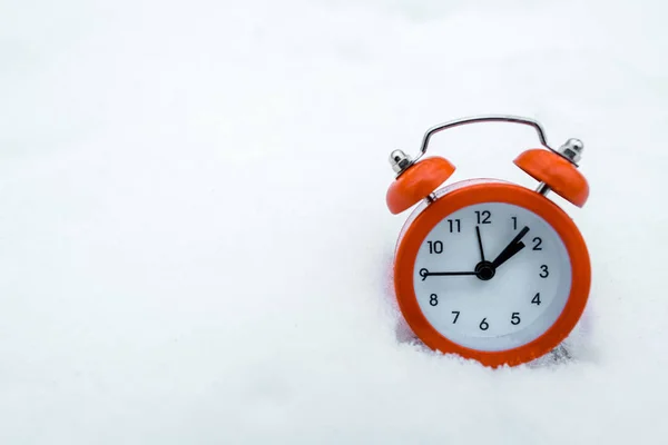 Relógio Alarme Retro Vermelho Neve Branca Perto Árvores Floresta Nevada — Fotografia de Stock