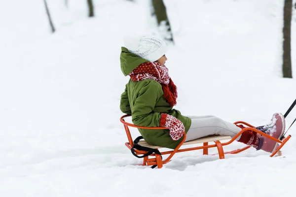 Cute African American Child Riding Sleigh Park Snowy Forest — Stock Photo, Image