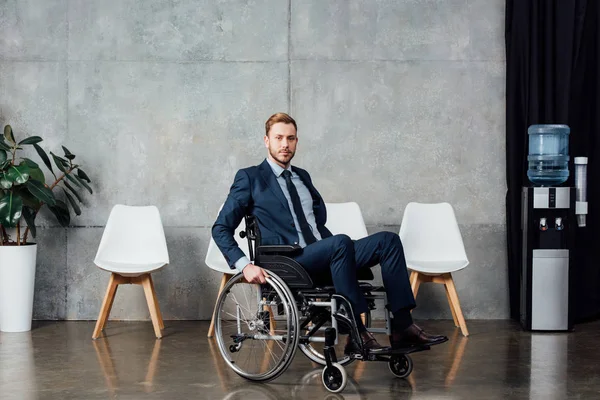 Serious Businessman Sitting Wheelchair Waiting Hall Looking Camera — Stock Photo, Image