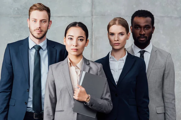 Serious Group Multiethnic Businesspeople Formal Wear Looking Camera Posing — Stock Photo, Image