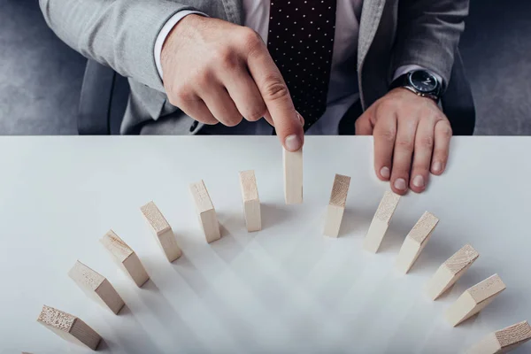 Top View Man Picking Wooden Brick Row Blocks Desk — Stock Photo, Image