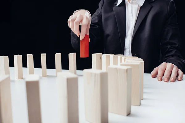 Partial View Woman Picking Red Wooden Brick Row Blocks Isolated — Stock Photo, Image