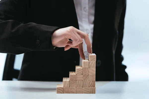 Cropped View Woman Walking Fingers Wooden Blocks Symbolizing Career Ladder — Stock Photo, Image