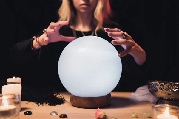 Cropped View Female Esoteric Holding Hands Magical Crystal Ball Isolated — Stock Photo, Image