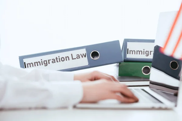 Selective Focus Folders Immigration Law Lettering Woman Using Laptop Isolated — Stock Photo, Image