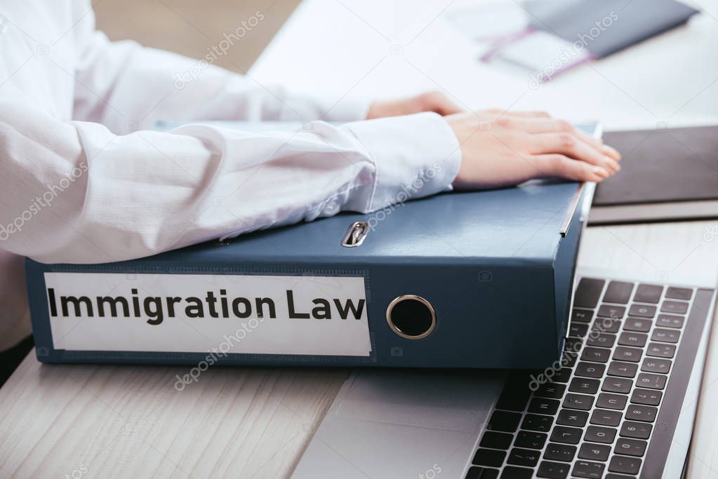 selective focus of woman taking folder with immigration law lettering near laptop