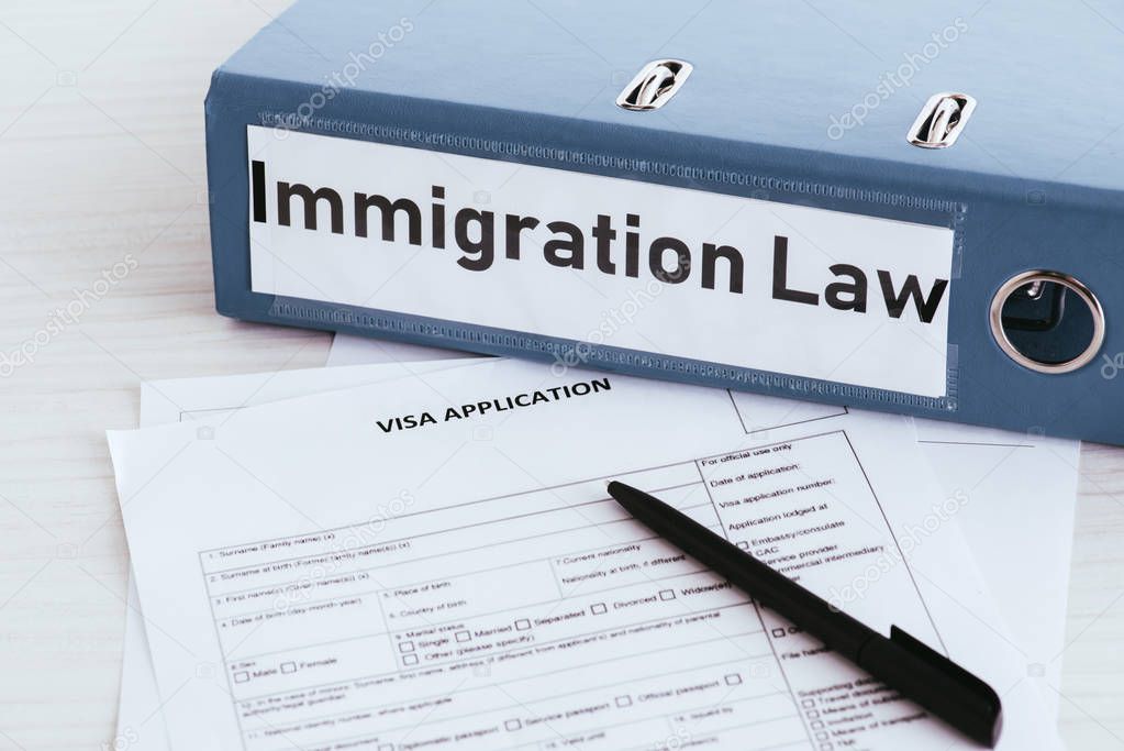 selective focus of folder with immigration law lettering near documents 