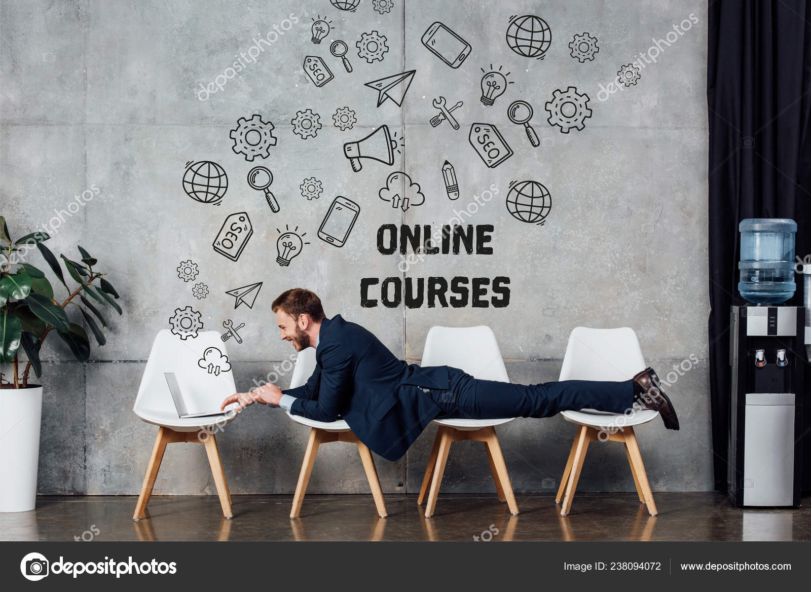Businessman Lying Chairs Using Laptop Waiting Hall Online Courses