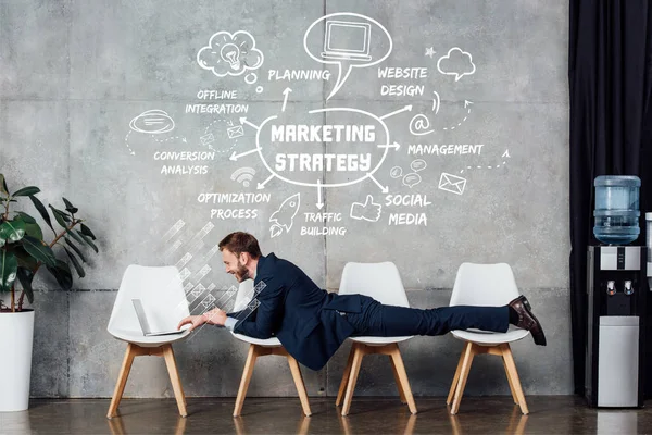 Businessman Lying Chairs Using Laptop Waiting Hall Marketing Strategy Illustration — Stock Photo, Image