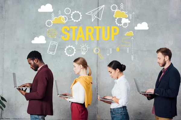 Multiethnic Casual Businesspeople Using Laptops While Standing Queue Waiting Hall — Stock Photo, Image