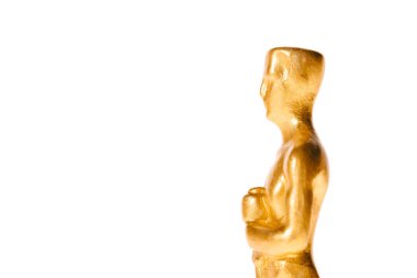 KYIV, UKRAINE - JANUARY 10, 2019: close up of golden oscar award isolated on white with copy space clipart