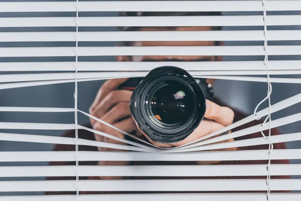 Close View Young Man Holding Camera Taking Pictures Blinds — Stock Photo, Image