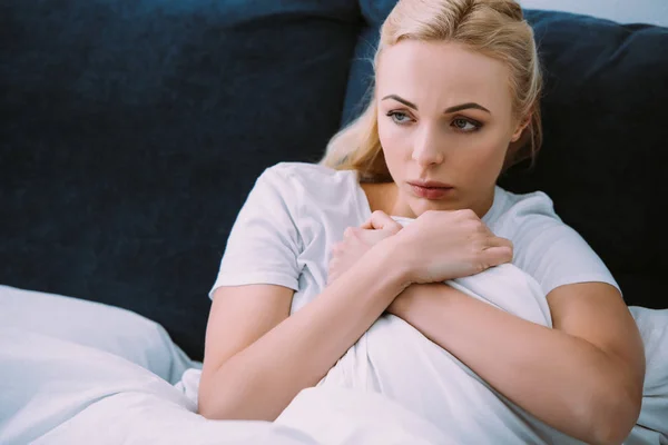 Beautiful Upset Woman Covered Blanket Bed — Stock Photo, Image