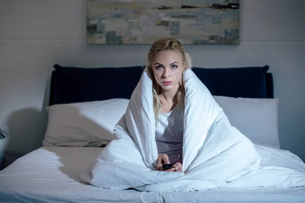 Lonely Woman Covered Blanket Watching Bed Home — Stock Photo, Image