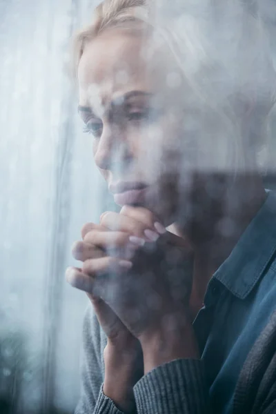 Sad Adult Woman Folded Hands Home Window Raindrops — Stock Photo, Image