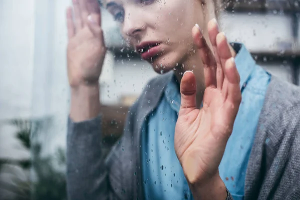 Cropped View Sad Adult Woman Home Touching Window Raindrops — Stock Photo, Image
