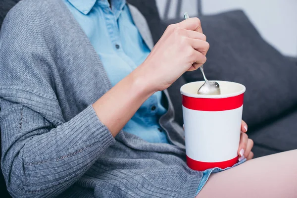 Cropped View Woman Sitting Couch Ice Cream Home — Stock Photo, Image