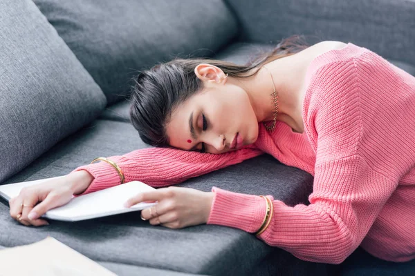 Tired Indian Student Bindi Sleeping Sofa Notebook — Stock Photo, Image