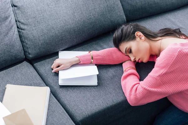 Exhausted Indian Student Sleeping Sofa Notebooks — Stock Photo, Image