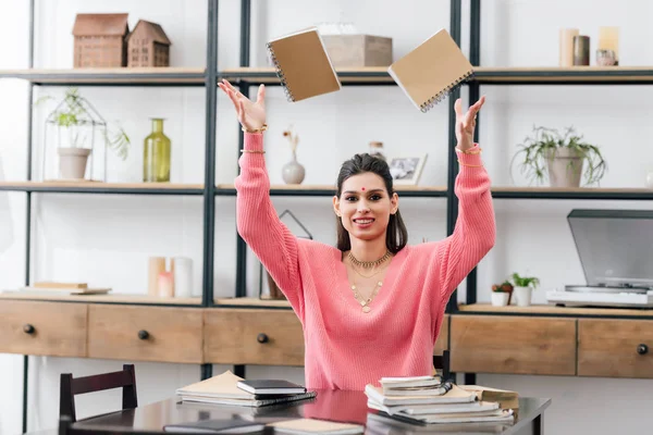 Happy Indian Student Bindi Throwing Notebooks — Stock Photo, Image