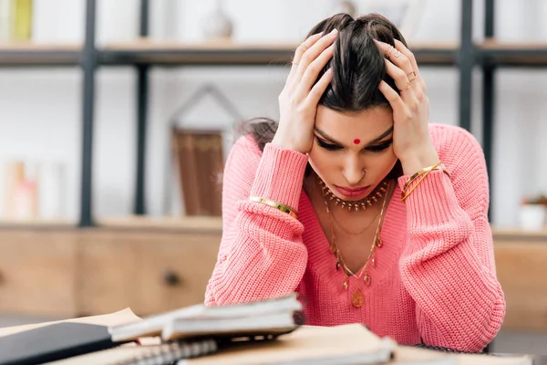 Exhausted Indian Student Bindi Looking Notebooks Home — Stock Photo, Image