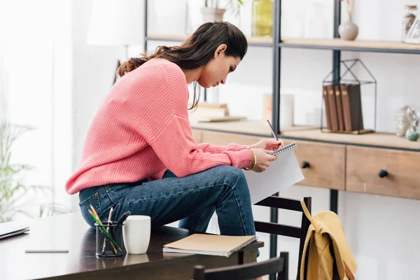 Indian Student Writing Notebook Studying Home — Stock Photo, Image