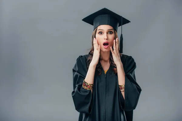 Shocked Indian Student Academic Gown Graduation Cap Isolated Grey — Stock Photo, Image