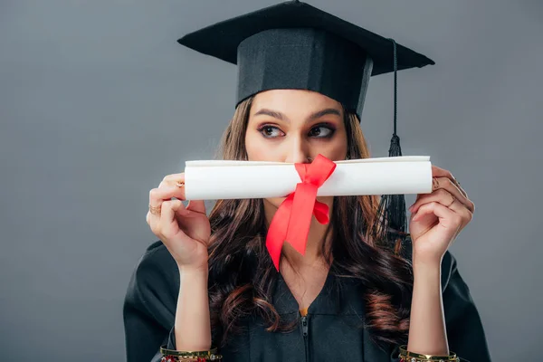 Female Indian Student Graduation Hat Holding Diploma Isolated Grey — Stock Photo, Image