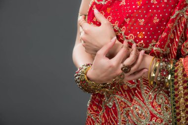 Hint kadının geleneksel giyim ve aksesuarları, gri izole poz kırpılmış görünümü 