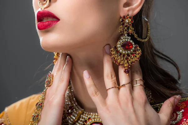 Cropped View Indian Woman Posing Traditional Accessories Isolated Grey — Stock Photo, Image
